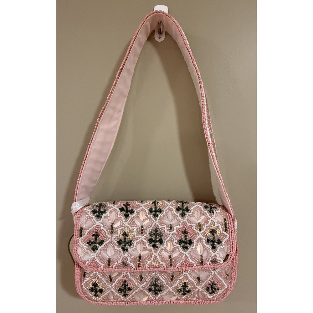 Handcrafted In India Pink Beaded Floral Shoulder Bag Sequin Embellished PurseNWT